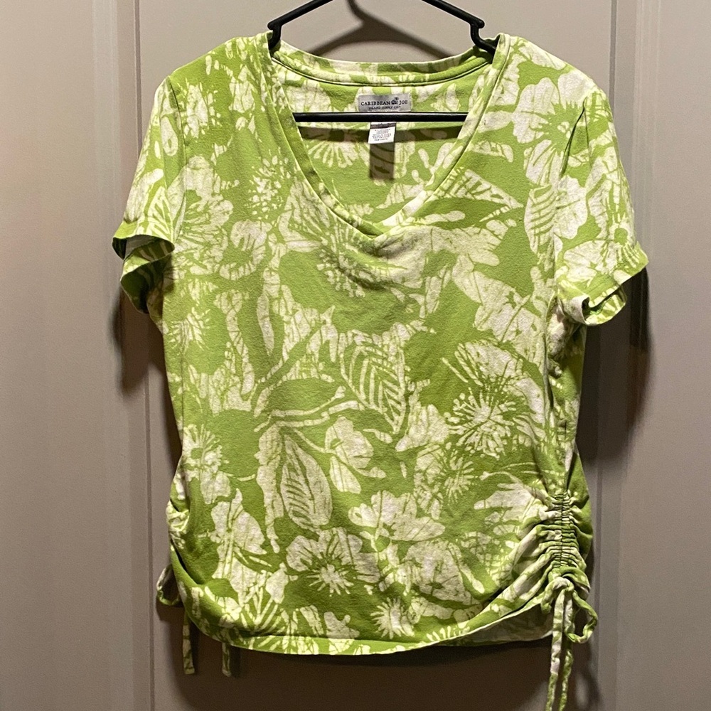 Tropical Ruched Side Top Green Floral Vacation Beachy Shirt Large
